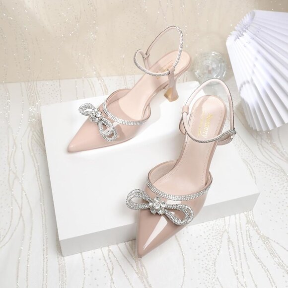 Shoes - Women's Nude Closed Toe Rhinestone Wedding Low Slingback Clear Kitten Heels